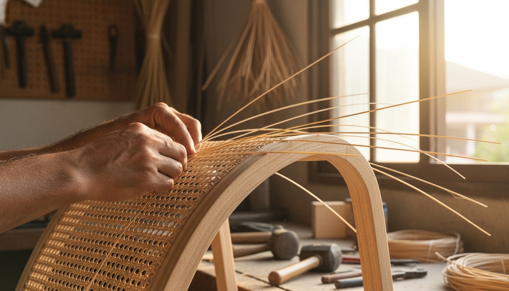 Skilled Craftsman Hand Weaving Rattan Furniture In Workshop