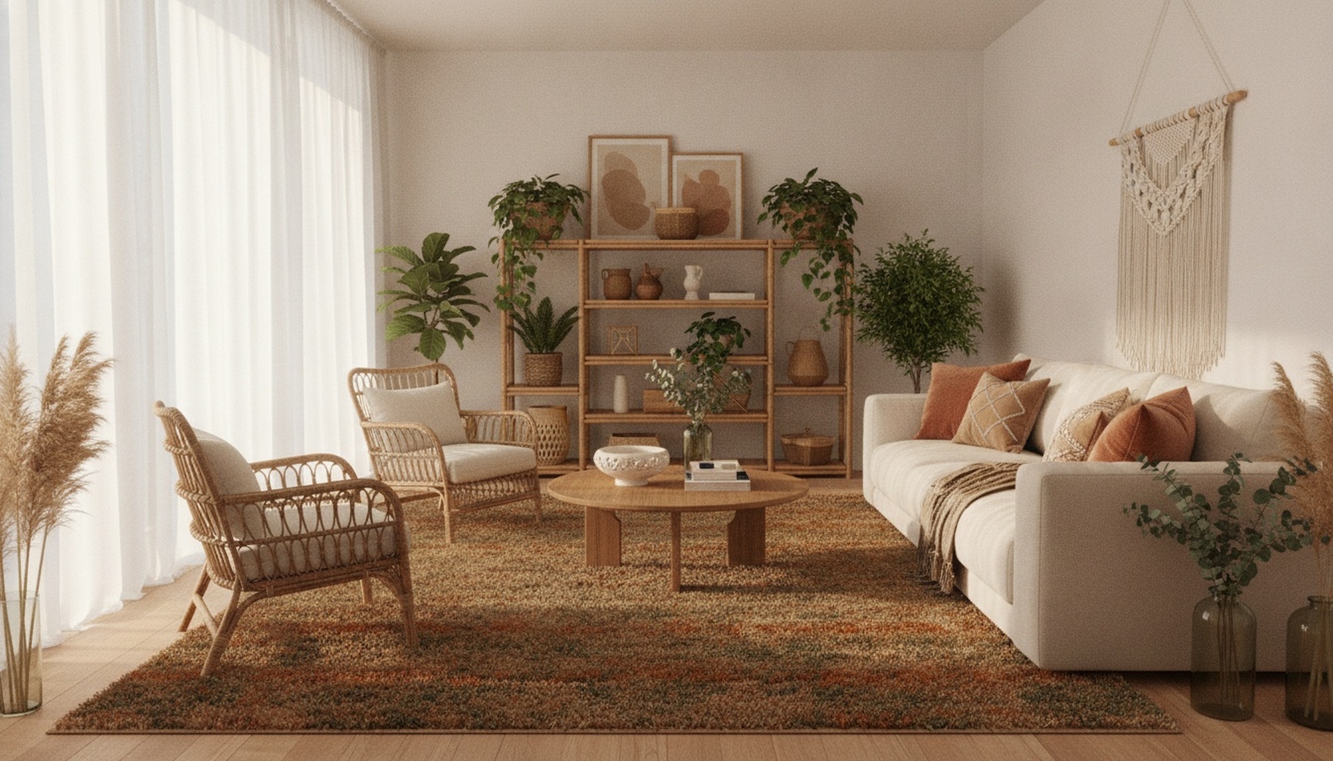 Bamboo And Wicker Furniture Set In Modern Boho Living Room