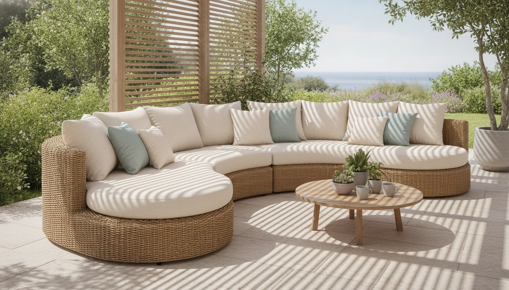 Cozy Rattan Sectional Sofa With Cushions On Patio