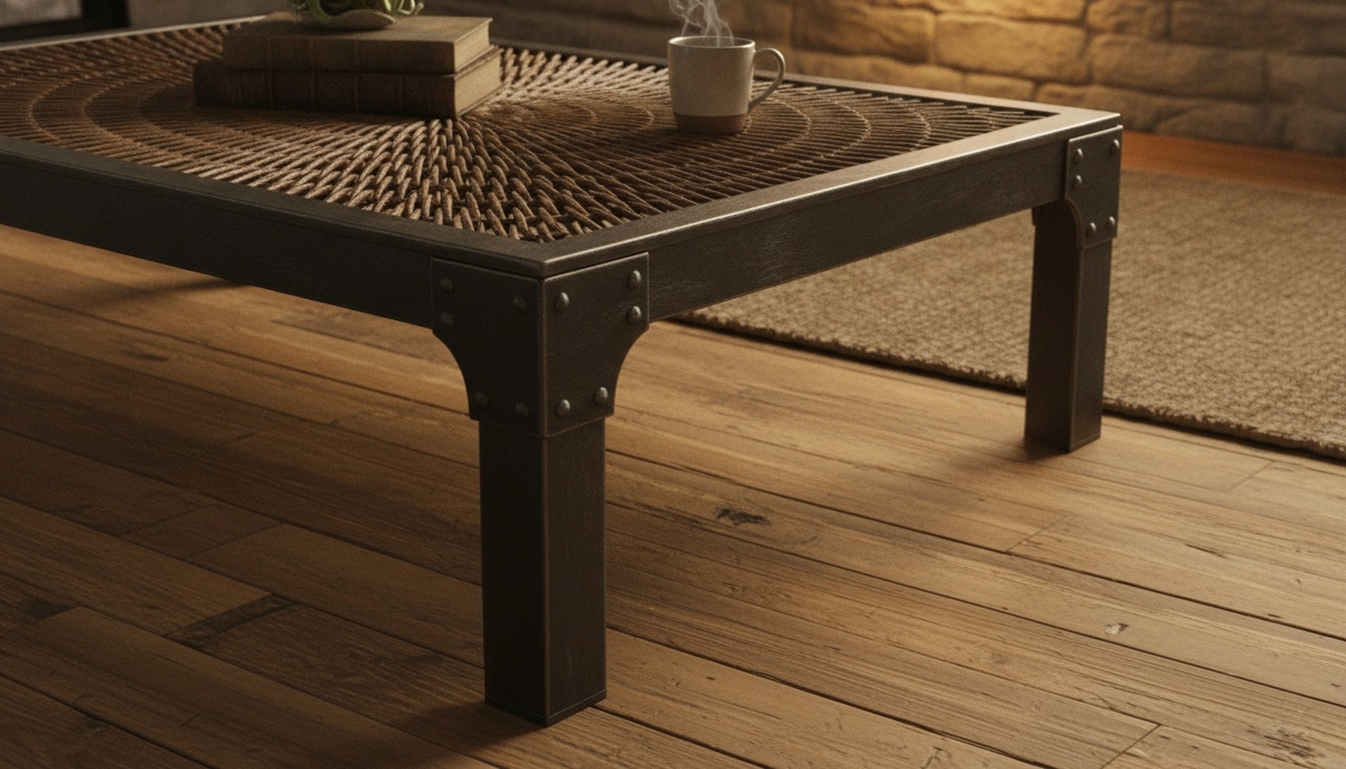 Industrial Wicker Coffee Table With Metal Frame