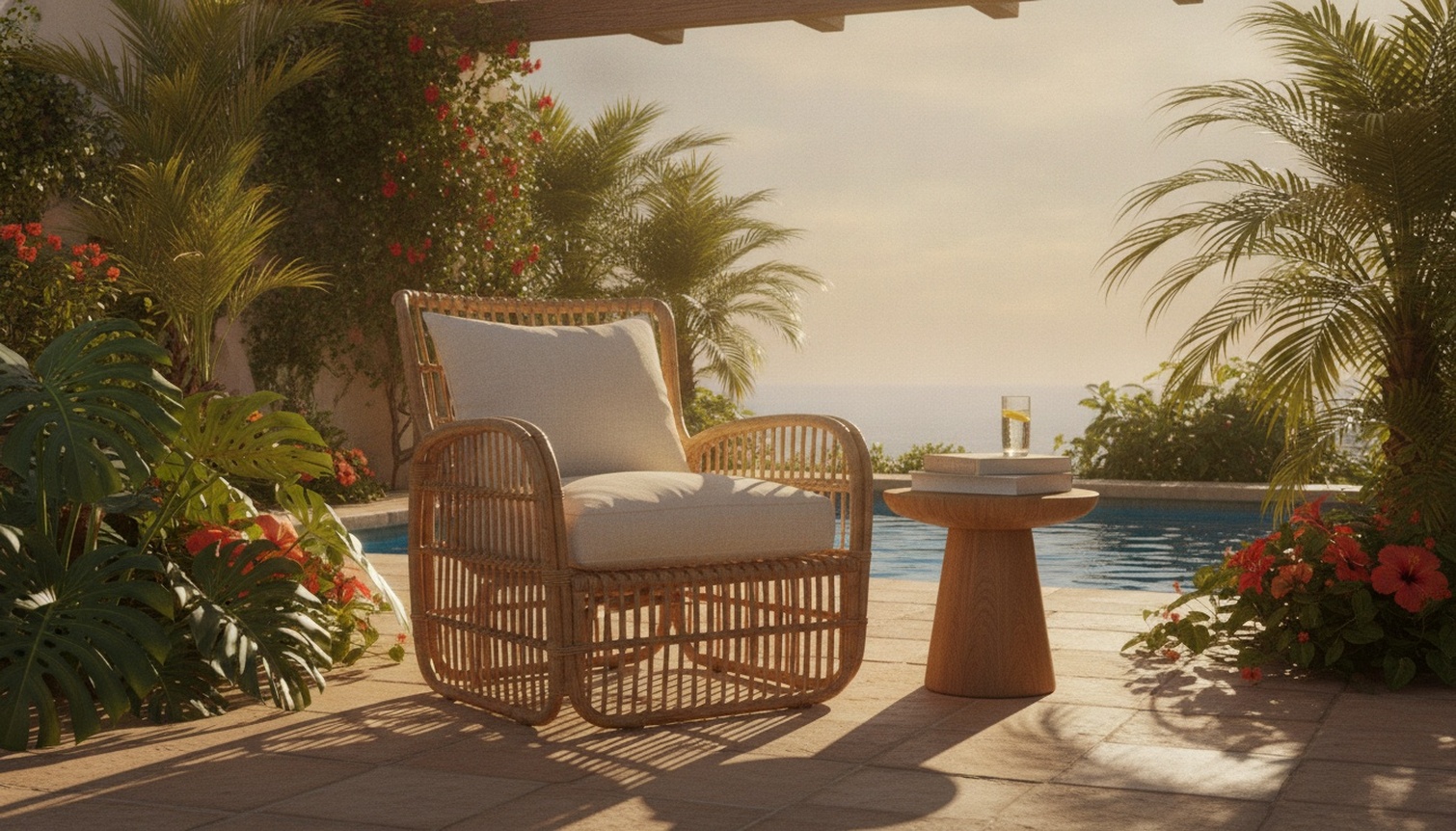 Natural Rattan Armchair On Sunlit Outdoor Patio Setting
