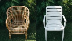 Natural Rattan Patio Chair Vs White Plastic Garden Chair Outdoors