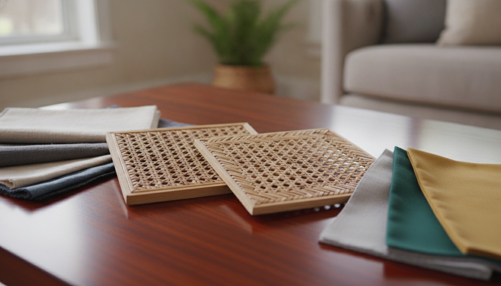 Rattan Furniture Material Swatches Displayed On Hardwood Surface