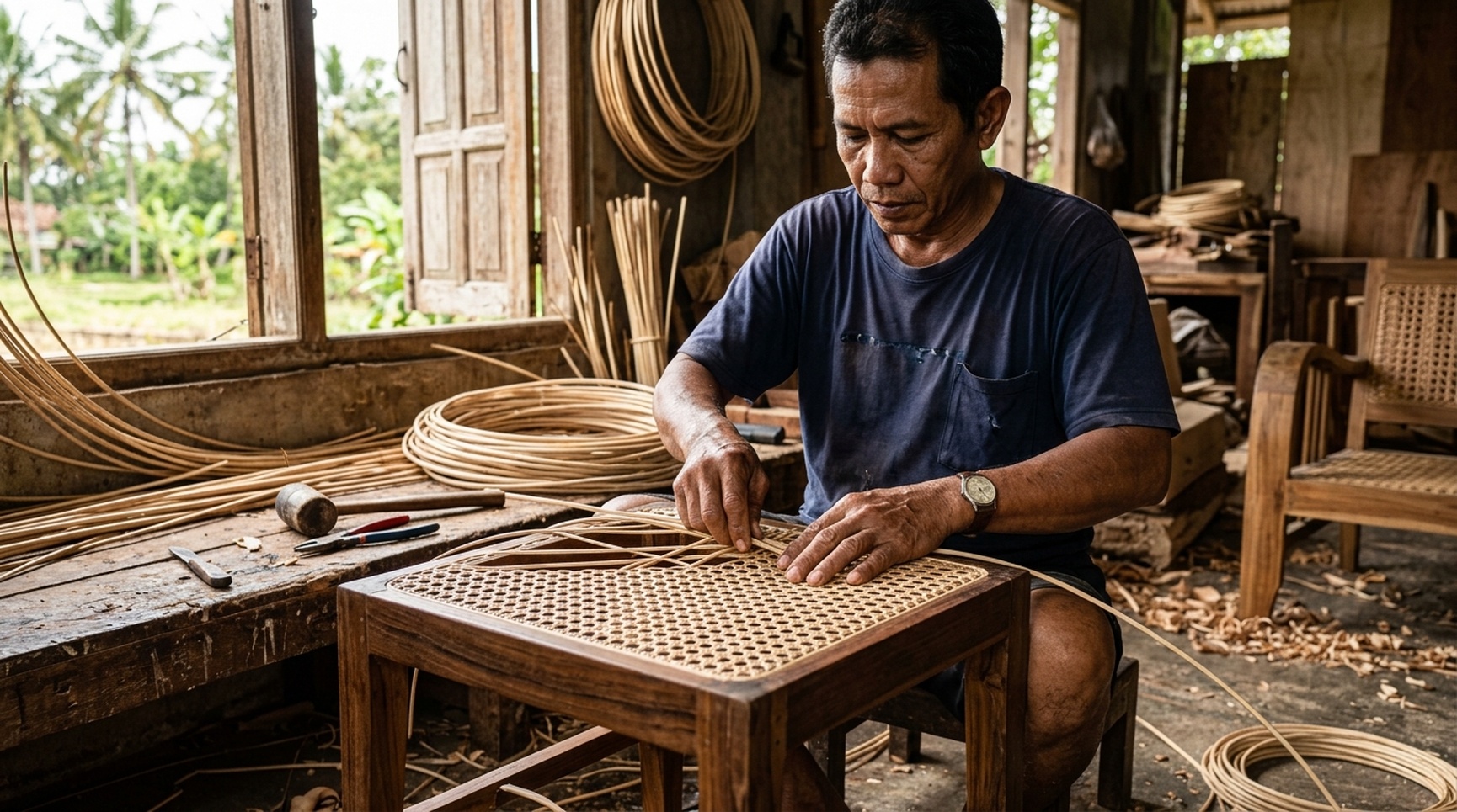 Indonesian Artisan Hand Weaving Rattan Cane In Workshop