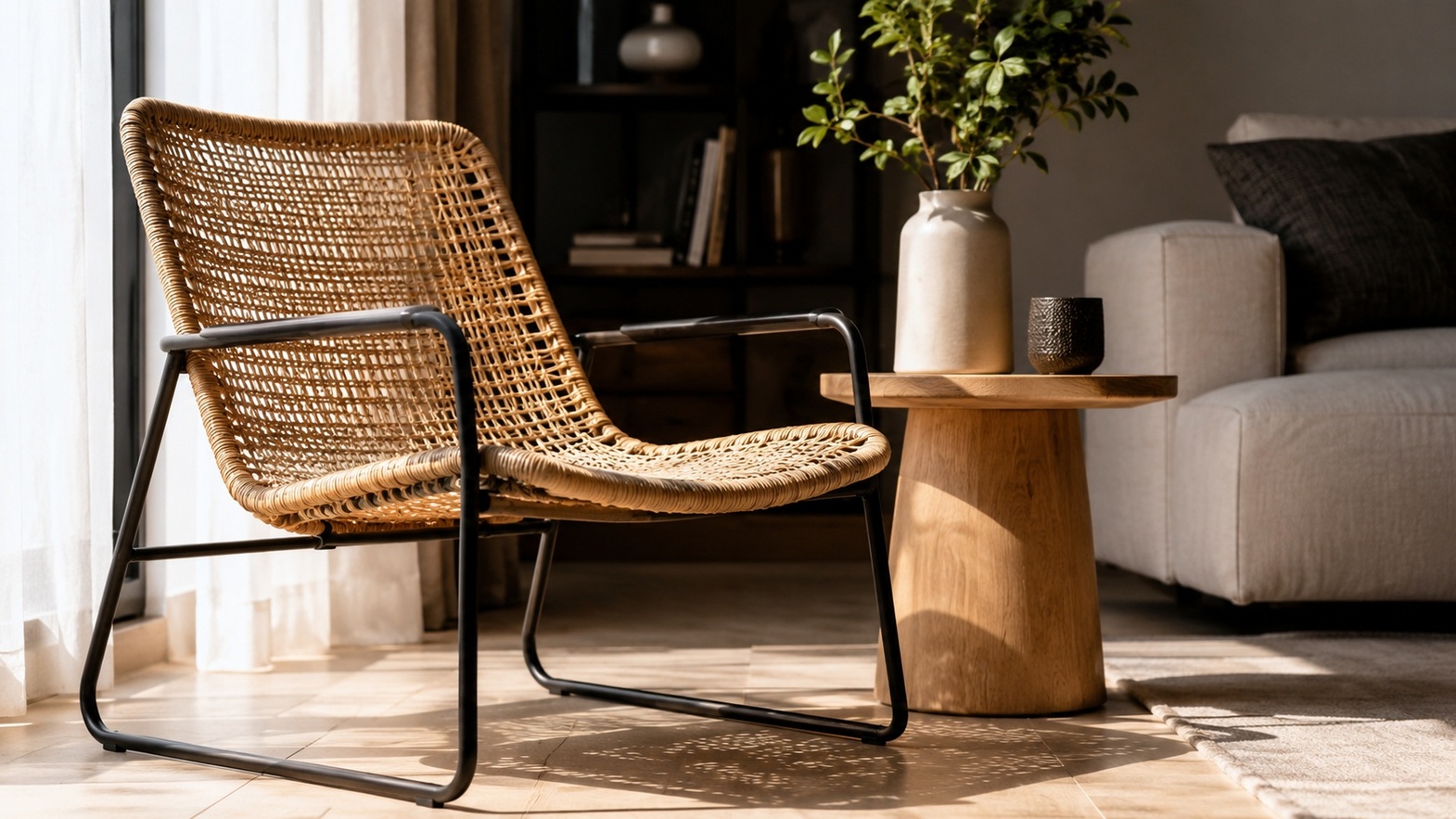 Rattan Chair With Black Metal Frame Living Room