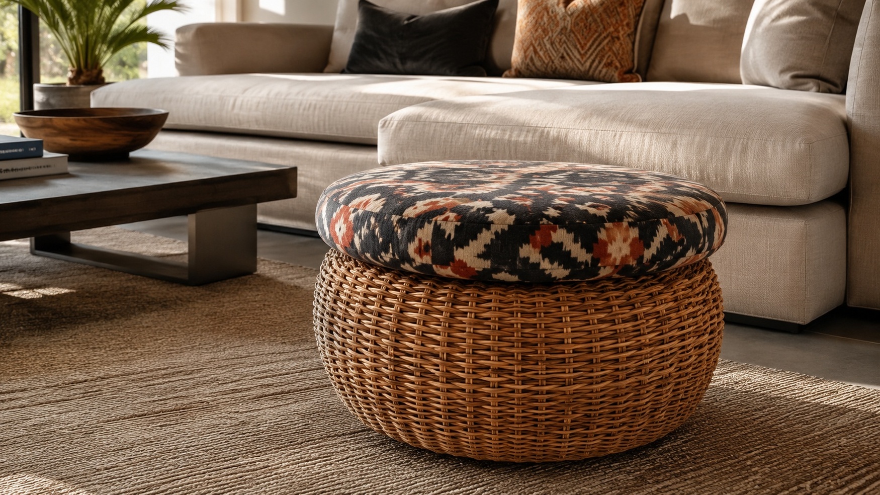 Rattan Ottoman With Bold Patterned Cushion Accent