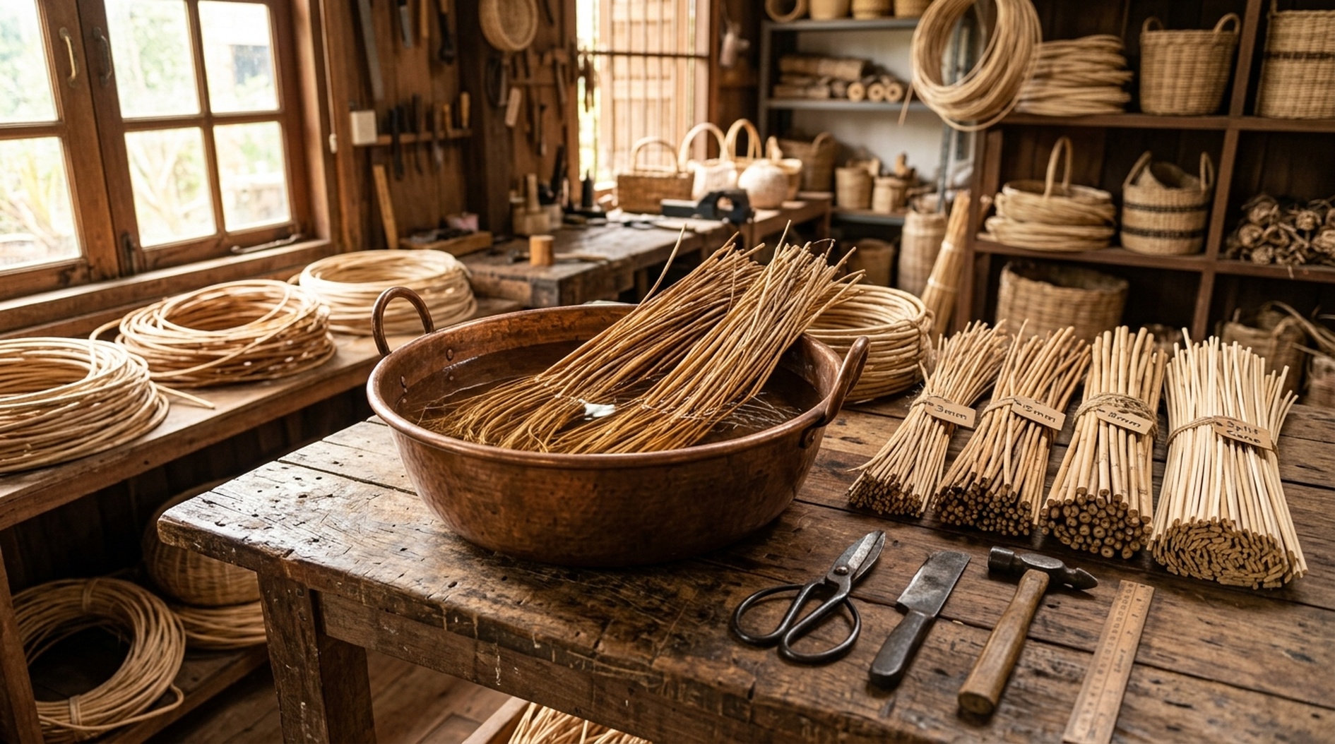 Rattan Soaking And Splitting Prep For Traditional Weaving