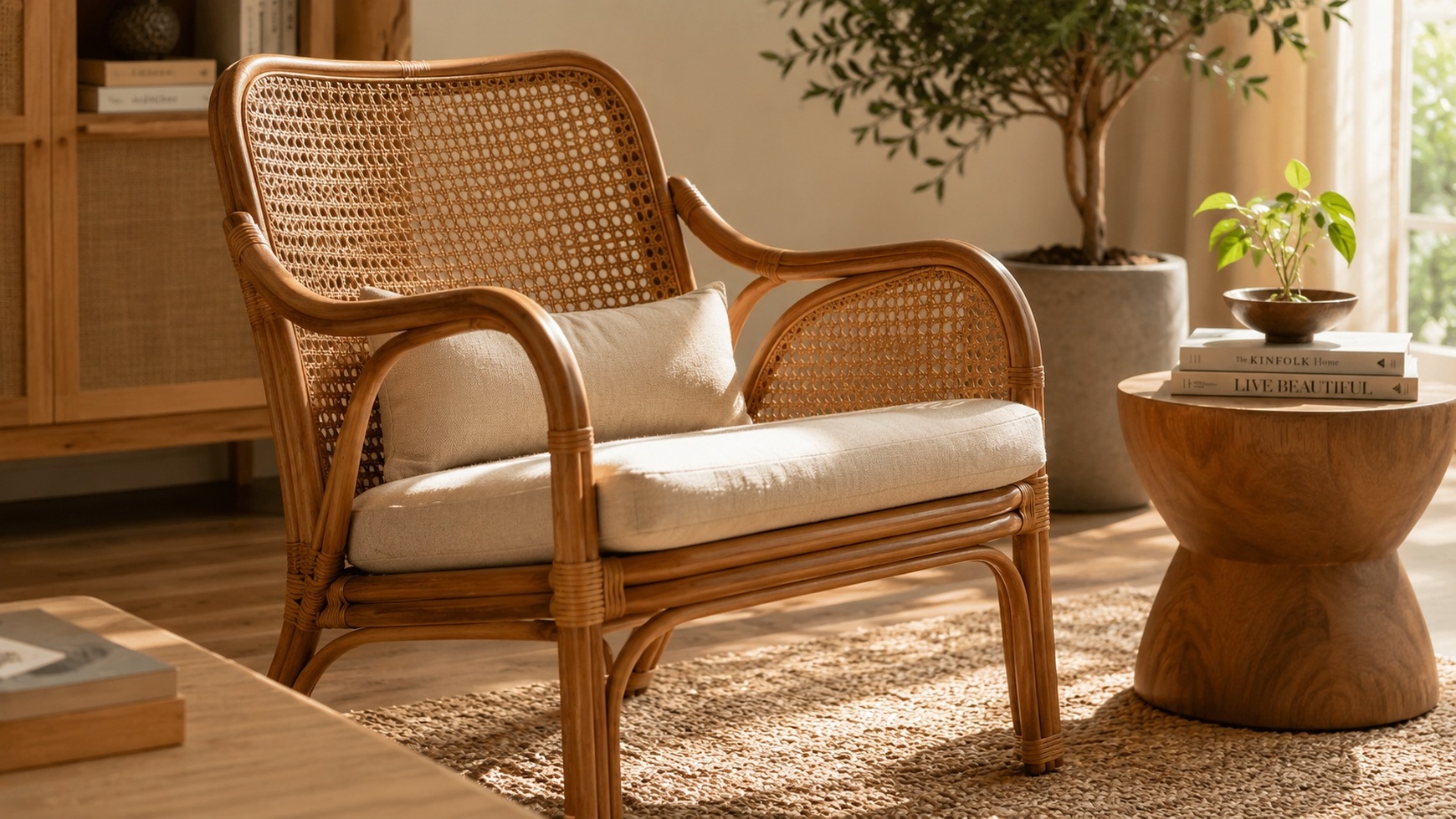 Woven Rattan Chair Honey Toned Living Room