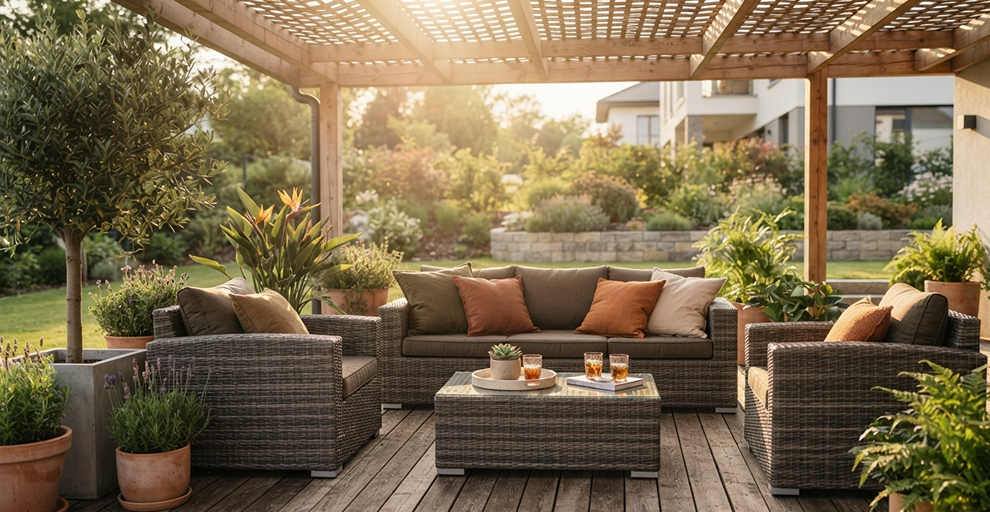 Synthetic Rattan Lounge Furniture On Outdoor Patio